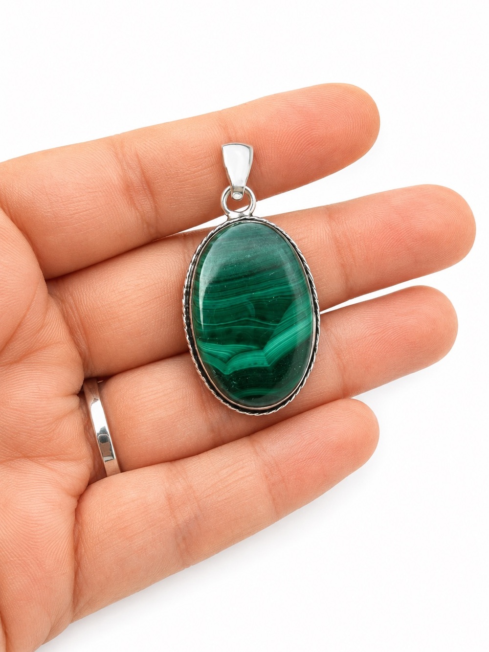 Green Malachite Oval Pendant Necklace - Sterling Setting